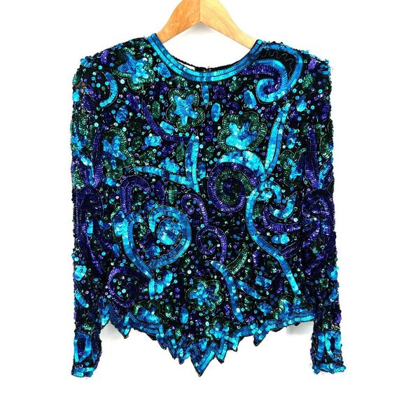 LAURENCE‎ KAZAR Top Blouse Womens Size PM Petite Sequin Silk Long Sleeve Vintage - Picture 1 of 16